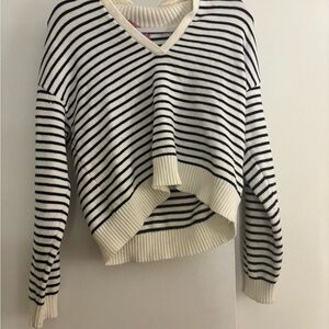 Edikted Black and Cream Striped V-Neck Sweater
